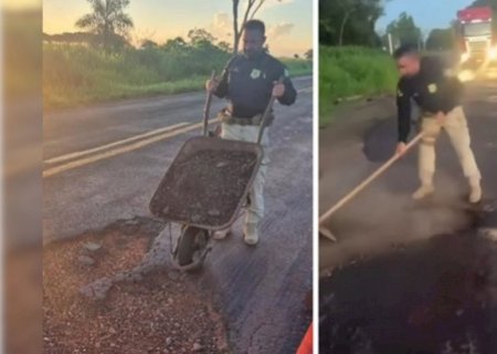 Por causa de acidentes, agentes da PRF tampam buracos com terra na BR-376, entre Ivinhema a Nova Andradina