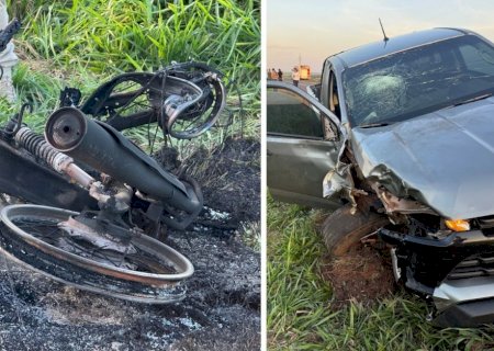 IVINHEMA: Moto pega fogo após grave colisão e motociclista morre na BR-376